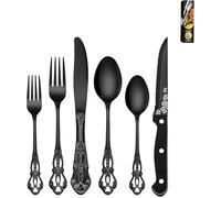 Juego de vajilla de 24 piezas de plata negra con cuchillos de carne, acero inoxidable antioxidante, juego de 4 cubiertos, incluye tenedores, cucharas y cuchillos, juegos de utensilios de cocina para