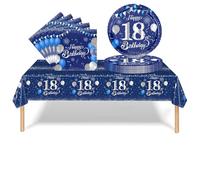 Juego de vajilla de 37 piezas de 18 cumpleaños, color azul marino, decoraciones de cumpleaños número 18 con platos de papel y servilletas de fiesta, mantel de plástico para ella, su niña, niño