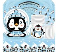 Juego de vajilla de 61 piezas para fiesta de pingüino, decoración de fiesta infantil, incluye vasos de papel, platos de papel, servilletas y mantel con diseño de pingüino, para 20 invitados