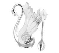 Juego de vajilla de acero inoxidable de 7 piezas para base de cisne y 6 cucharas o tenedores para servir postre, ensalada, café, pasteles, aperitivos, color blanco plateado