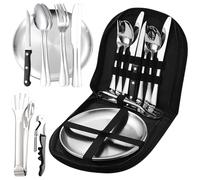 Juego de vajilla de camping para 2 personas, 11 piezas de vajilla portátil de acero inoxidable, juego de cubiertos de camping con cuchara, tenedor, cuchillo y abrebotellas para exteriores, camping,