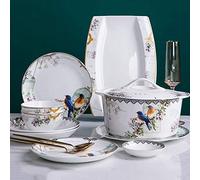 Juego De Vajilla De Cerámica De 48 Piezas, Platos De Cena con Incrustaciones 3D con Patrones De Flores Y Pájaros, Porcelana Segura Calcinada A Alta Temperatura