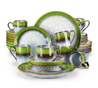 Juego de vajilla de cerámica Juego de vajilla 16/32/48 piezas, con esmalte rojo y verde que cambia horno, incluye plato grande, postre, tazón taza(32-PCS MIX)