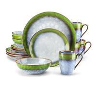 Juego de vajilla de cerámica Juego de vajilla 16/32/48 piezas, con esmalte rojo y verde que cambia horno, incluye plato grande, postre, tazón taza(16-PCS MIX)