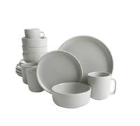 Juego de vajilla de cocina redonda Gibson Home Zuma de 16 piezas, incluye platos, cuencos y tazas, para 4 personas, de gres mate, color gris claro.