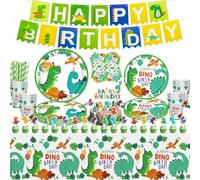 Juego de vajilla de dinosaurio de 131 piezas, decoraciones de fiesta temática de dinosaurios para niños, incluye platos, adornos para tartas, globos, mantel para 20