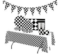 Juego de vajilla de fiesta a cuadros en blanco y negro, 52 piezas con temática de coche de carreras, platos de papel, tazas, servilletas, mantel y pancarta para niños y niñas, fiesta de cumpleaños,