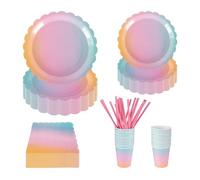 Juego de vajilla de fiesta arcoíris, 125 piezas desechables para fiestas, platos de papel, servilletas y vasos para 25 invitados, suministros de fiesta de unicornio para decoración de mesa