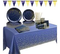 Juego De Vajilla De Fiesta Con Iunares Dorados Azul Oscuro, Platos, Tazas, Servilletas, Pancarta, Mantel, Pajitas, Para Boda, Fiesta De Cumpleaños, Aniversario, Baby Shower, Sirve a 25 Invitados