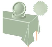 Juego de vajilla de fiesta de 37 piezas, color verde salvia, el juego de vajilla de papel verde salvia incluye 16 platos de papel, 20 servilletas, 1 mantel de plástico para cumpleaños, baby shower,