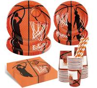 Juego de vajilla de fiesta de baloncesto, 50 unidades, decoración de baloncesto, vajilla de cumpleaños para niños, color naranja, 9 pulgadas y 7 pulgadas, platos, vasos, servilletas, pajita para los