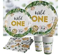Juego de vajilla de fiesta de cumpleaños de Wild One para niños de la selva, juego de vajilla de fiesta, platos de papel, vasos, pajitas para 20 invitados, cumpleaños infantiles, decoración para bebés