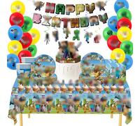 Juego de vajilla de fiesta de cumpleaños para niños, decoración de fiesta de Minecraft, decoraciones de cumpleaños para niños, decoraciones de cumpleaños de Minecraft con pancarta, globos, mantel