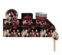 Juego de vajilla de fiesta de Halloween, 53 piezas, juego de vajilla de personajes de película de terror, decoración de Halloween, mantel de plástico, platos de papel, servilletas y tazas para