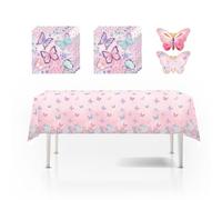 Juego de vajilla de fiesta de mariposa para niñas, 31 piezas, mantel temático de mariposa rosa, servilletas e invitaciones, decoraciones de cumpleaños desechables para niños, princesa, baby shower
