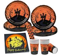 Juego de Vajilla de Halloween Fiesta, 68 Piezas Vajilla de Halloween de Papel 16 Invitados Vajilla Desechable Halloween, Artículos de Fiesta de Halloween Placa, Vasos, Pajitas, Servilletas
