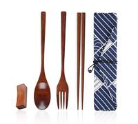 Juego de vajilla de madera de 3 piezas, 1 bolsa de tela, 1 soporte para palillos, juego de vajilla portátil, palillos, cucharas, tenedores de madera, adecuado para picnics, almuerzos en la oficina