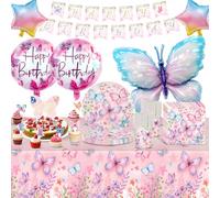 Juego de Vajilla de Mariposa, 92 Pcs Suministros de Fiesta de cumpleaños para 20 Personas Vajilla de Chica Rosa para Tarta Bandera Globos Platos de Papel Vasos Servilletas y Mantel