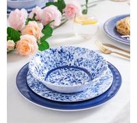 Juego de vajilla de melamina, servicio de 12 piezas para 4, vajilla de porcelana azul y blanca para uso en interiores y exteriores, juegos de platos y cuencos irrompibles, apto para lavavajillas, sin