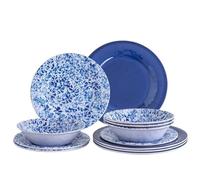 Juego de vajilla de melamina, servicio de 12 piezas para 4, vajilla de porcelana azul y blanca para uso en interiores y exteriores, juegos de platos y cuencos irrompibles, apto para lavavajillas, sin