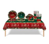 Juego de Vajilla de Navidad de 69 Piezas: Mantel de Plástico, Platos de Papel, Servilletas y Vasos para Decoración de Mesa de Fiesta de Navidad con "Merry Christmas" para Suministros