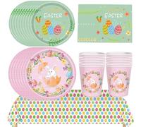 Juego de Vajilla de Pascua ,69Pcs Vajilla de Fiesta de Semana Santa,Huevos de Conejo,Pascua Incluyendo Manteles,Bandejas de Papel,Tazas, Servilletas, 16 Invitados
