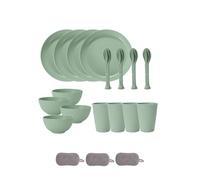 Juego de Vajilla de Plástico 4 Personas,Reutilizables Tazones Platos Vasos Cuchillo Tenedor Cuchara Platos Coloridos Irrompibles Apto Para Microondas y Lavavajillas Fiestas (Verde, 24 Piezas)