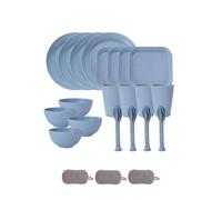 Juego de Vajilla de Plástico 4 Personas,Reutilizables Tazones Platos Vasos Cuchillo Tenedor Cuchara Platos Coloridos Irrompibles Apto Para Microondas y Lavavajillas Fiestas (Azul, 28 Piezas)