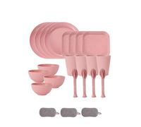 Juego de Vajilla de Plástico 4 Personas,Reutilizables Tazones Platos Vasos Cuchillo Tenedor Cuchara Platos Coloridos Irrompibles Apto Para Microondas y Lavavajillas Fiestas (Rosa, 28 Piezas)