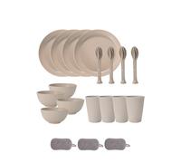 Juego de Vajilla de Plástico 4 Personas,Reutilizables Tazones Platos Vasos Cuchillo Tenedor Cuchara Platos Coloridos Irrompibles Apto Para Microondas y Lavavajillas Fiestas (Beige, 24 Piezas)
