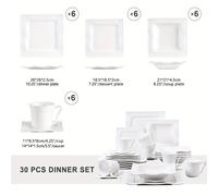 Juego de vajilla de porcelana blanca de 30 piezas: tazas, platos bajos, platos de postre, platos de sopa, servicio para 6