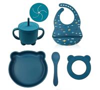 Juego de Vajilla de Silicona para Bebe Completo (Azul, Avion, Oso): Plato con Ventosa, Cuchara, Babero Estampado y Vaso doble funcion. Libre de BPA. Mordedor de Regalo! - Babypops