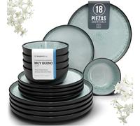 Juego de Vajilla de Steingut Ibiza para 6 Personas - 18 Piezas, Set de Vajilla para Lavavajillas y Microondas - Moderno Juego de Platos - Servicio de Pure Living en verde salvia