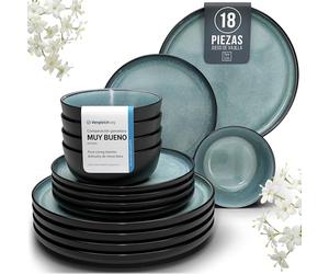 Juego de Vajilla de Steingut Ibiza para 6 Personas - 18 Piezas, Set de Vajilla para Lavavajillas y Microondas - Moderno Juego de Platos - Servicio de Pure Living en azul humo