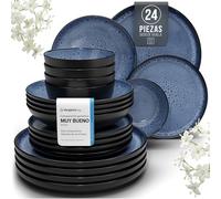 Juego de Vajilla de Steingut Ibiza para 6 Personas - 24 Piezas, Set de Vajilla para Lavavajillas y Microondas - Moderno Juego de Platos - Servicio de Pure Living en Negro y Azul Profundo
