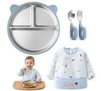 Juego de vajilla infantil de acero inoxidable con ventosa, juego de 4 piezas con plato para bebé, cuchara, tenedor y babero, sin BPA, juego de aprendizaje para bebés para niños y niñas, regalo de