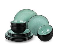 juego de vajilla Juego de vajilla cerámica 12 piezas, juego platos gres con 4 cena, postre y cuencos cereales, servicio for personas(Green 12 Piece)