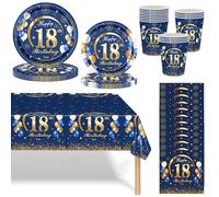 Juego de vajilla Mienocol para fiesta de cumpleaños de 18 años, color azul marino y dorado, incluye 69 unidades, para 18 años, para niños y niñas, juego de vasos, servilletas y mantel