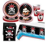Juego de vajilla para fiesta de cumpleaños, artículos para fiesta con tema pirata que incluye platos, servilletas y vasos, para 10 invitados (51 piezas)