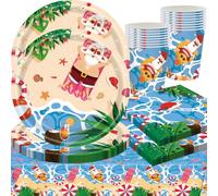 Juego de Vajilla para Fiesta Hawaiana, 61 Paquetes de Decoración de Fiesta Tropical Luau Hawaiana, Juego de Cubiertos para fiesta de hoja de palma de verano, platos, tazas, sirve para 20 invitado