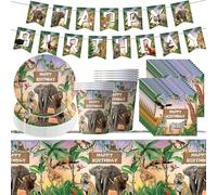Juego De Vajilla Para Fiesta Jungle Safari, 24 Piezas Vajilla de Fiesta de Animales, Pancarta Manteles Platos de Papel Vasos Servilletas, Wild One Cumpleaños Decoración, Baby Shower, 10 Invitados
