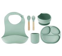 Juego de vajilla para niños con cubiertos MoMi AMI, set de 6 piezas: babero, cuchara, tenedor, plato, bol 360 ml, taza 180 ml, hecho de silicona, apto para lavavajillas y microondas