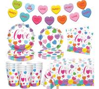 Juego de vajilla para San Valentín de 83 piezas, rojo y rosa LOVE Corazones de conversación de San Valentín, decoración para fiestas, artículos para fiestas de San Valentín