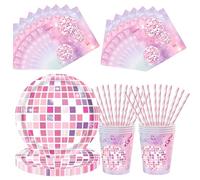 Juego de Vajilla Rosa Con Bola de Discoteca Para Cumpleaños, Decoración Para Fiestas Con Temática Disco, Ideal para Amantes de la Música, Cumpleaños, Bodas y Aniversarios. Para 20 invitados.