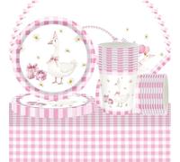 Juego de vajilla rosa de 61 piezas con motivos de cisnes para una fiesta de cumpleaños. Incluye cubiertos, vasos de cartón, servilletas, platos y manteles con motivos de ballet para 20 invitados