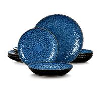 juego de vajilla Vajilla de cerámica gris, 12 o 24 piezas, vajilla texturizada, juego combinación, servicio for 6 personas(Blue,24 pcs)