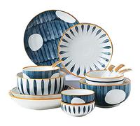 Juego de vajillas finos, juego de vajillas de porcelana, platos de cerámica y tazones, creatividad moderna Vintage Lounge Round Reactive Glaze Stonware Platos para cocina/comedor, servicio para 6, B