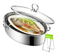 Juego de vaporizador de pescado de acero inoxidable, olla de vapor ovalada multiusos con estante de tapa de vidrio, placa de cerámica, mandril, olla de vapor para pescado, ostra, sopa hirviendo, 15 x