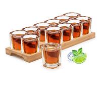 Juego de vasos de chupito, organizador de 12 agujeros con cristal transparente, 12 piezas de 2 oz/60 ml para bebidas alcohólicas whisky brandy vodka ron en casa fiesta bar