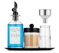 Juego de vasos de cristal para baño de boca - Dispensador con tazas y embudo - Botella de cristal con soporte Qtip - Negro